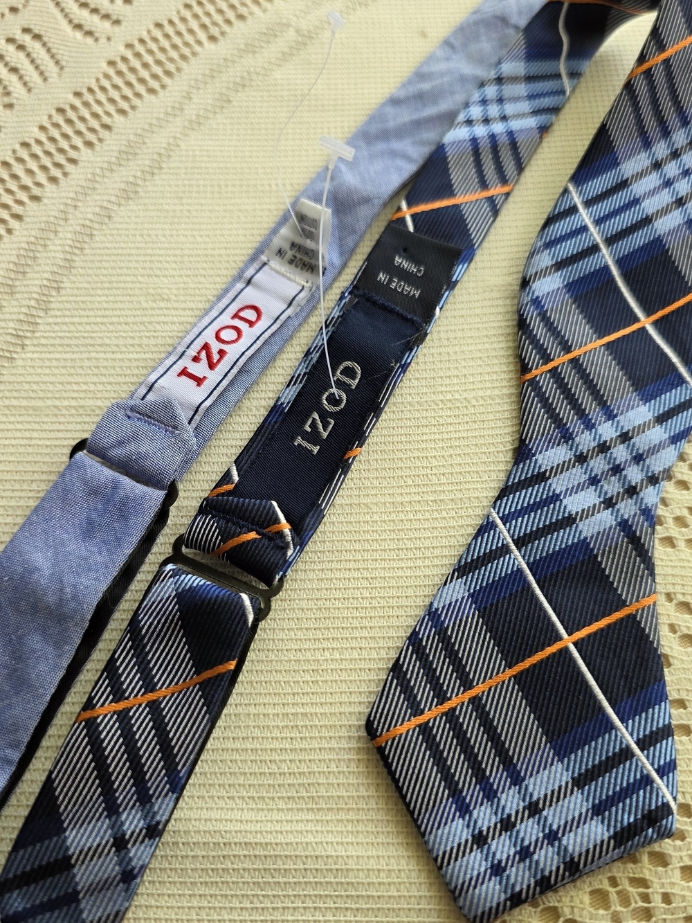 Izod Navy and Light Blue Plaid Self-Tie Bow Tie with Orange Accent - Picture 2 of 3